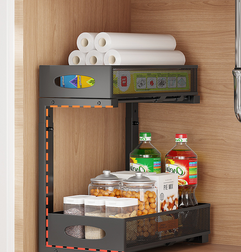 Étagère de rangement coulissante sous l'évier, à deux niveaux et réglable, parfaite pour les fournitures de cuisine.