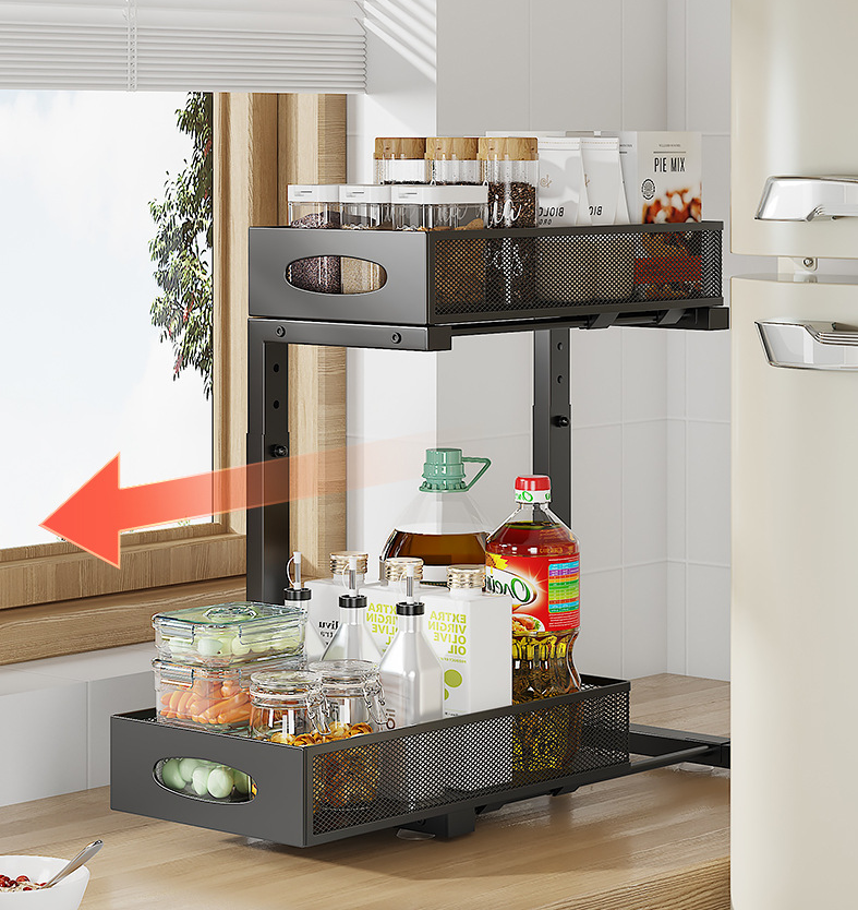 Étagère de rangement coulissante sous l'évier, à deux niveaux et réglable, parfaite pour les fournitures de cuisine.