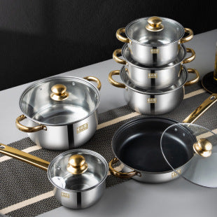 Ensemble de batterie de cuisine en acier inoxydable de 12 pièces, avec poignées en grain de bois, amovibles, y compris bouilloire, ustensiles de cuisine.