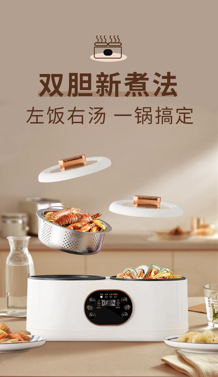 Cuiseur à riz à double chambre, marmite électrique multifonctionnelle à double commande pour canard mandarin, cuiseur à riz électrique, cuiseur électrique à double chambre.