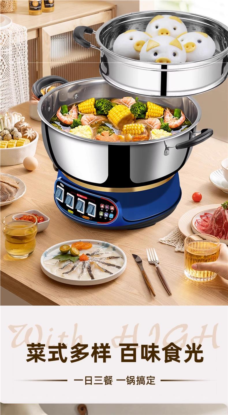 Poêle électrique en acier inoxydable, marmite électrique multifonctionnelle, tout-en-un pour la cuisson à la vapeur, l'ébullition et la friture, version minuterie domestique, marmite électrique.
