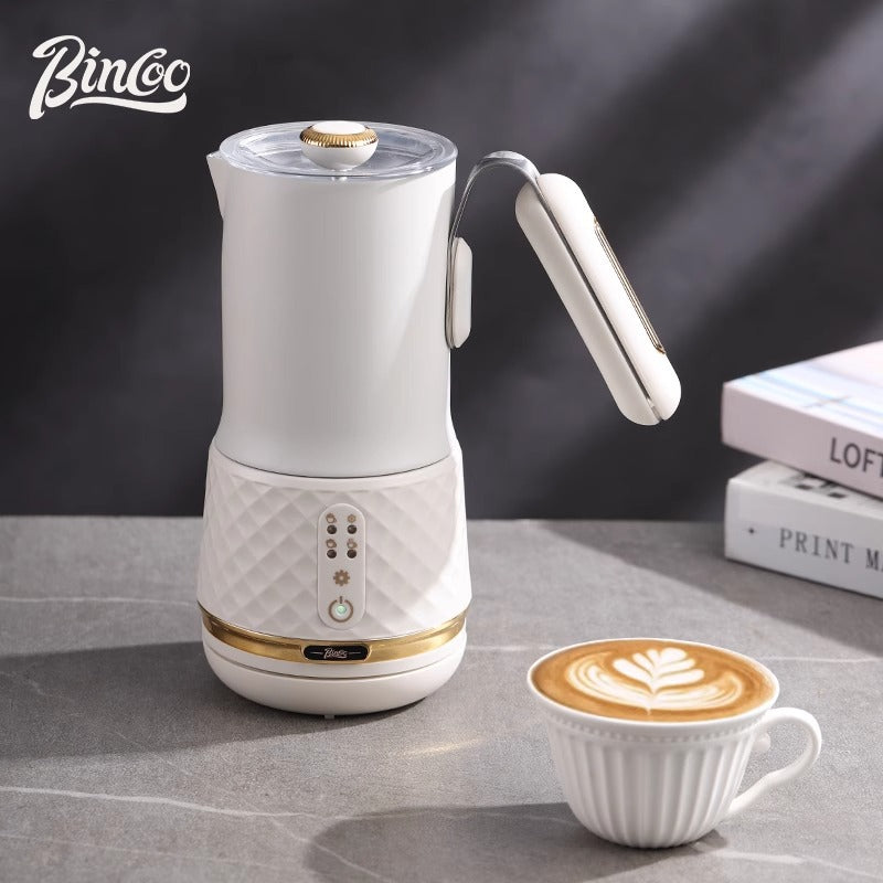 Bincoo electric milk frother, fully automatic milk frother, small household hot and cold coffee milk frother, mixer and frother.