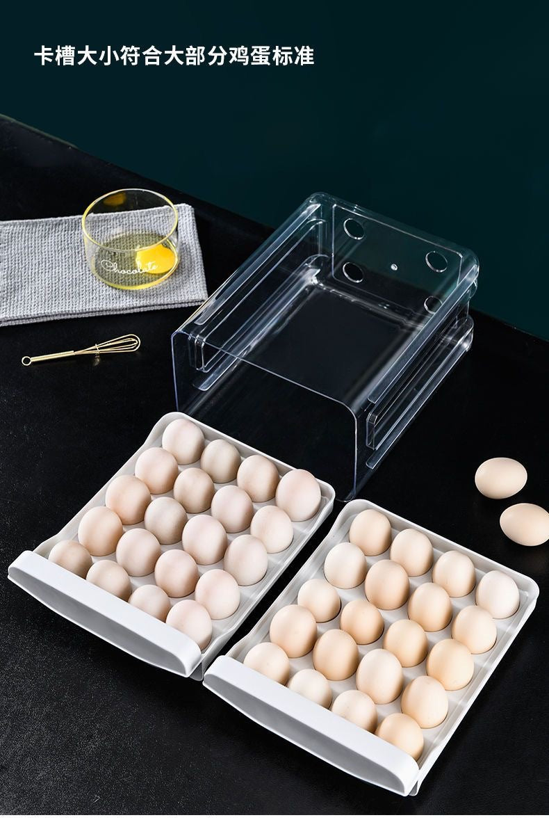 Boîte de rangement pour œufs, rangement pour réfrigérateur, style tiroir, gadget de cuisine en plastique, en boîte, récipient de conservation de la fraîcheur à double couche.