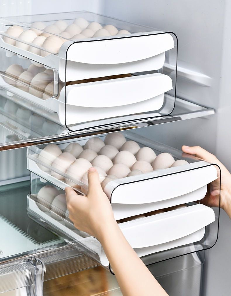 Boîte de rangement pour œufs, rangement pour réfrigérateur, style tiroir, gadget de cuisine en plastique, en boîte, récipient de conservation de la fraîcheur à double couche.