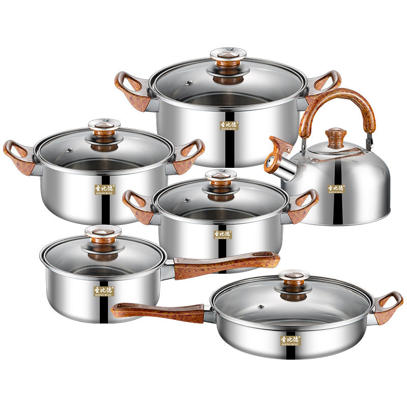 Ensemble de batterie de cuisine en acier inoxydable de 12 pièces, avec poignées en grain de bois, amovibles, y compris bouilloire, ustensiles de cuisine.