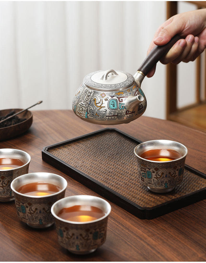 999 sterling silver one pot four cups ceramic gold and silver staggered kung fu tea set