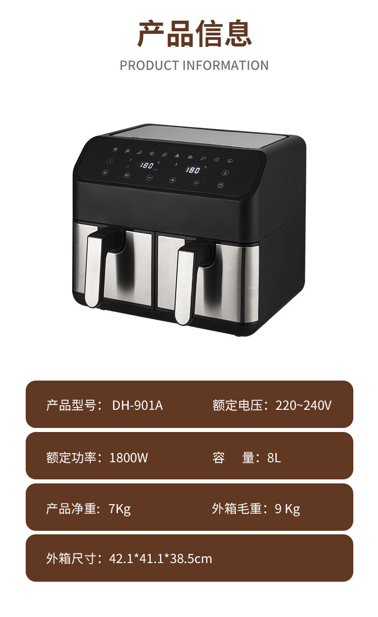 8L stainless steel double pot air fryer multifunctional visual large capacity household electric fryer only for french fries oven