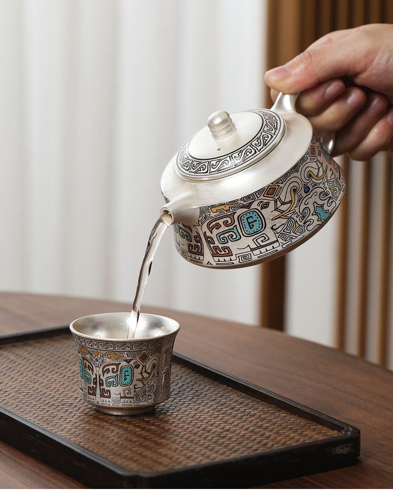 999 sterling silver one pot four cups ceramic gold and silver staggered kung fu tea set