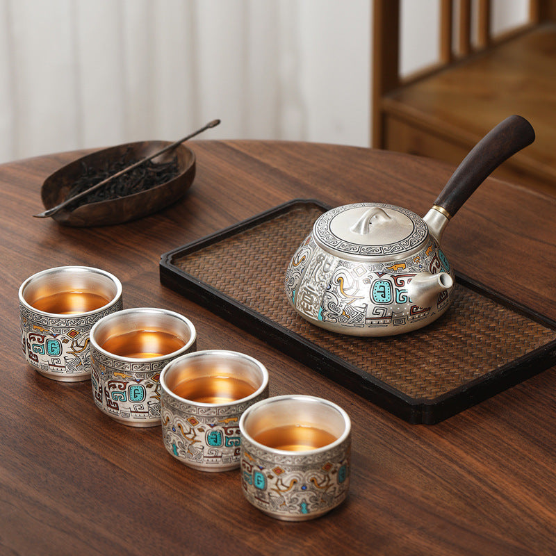 999 sterling silver one pot four cups ceramic gold and silver staggered kung fu tea set