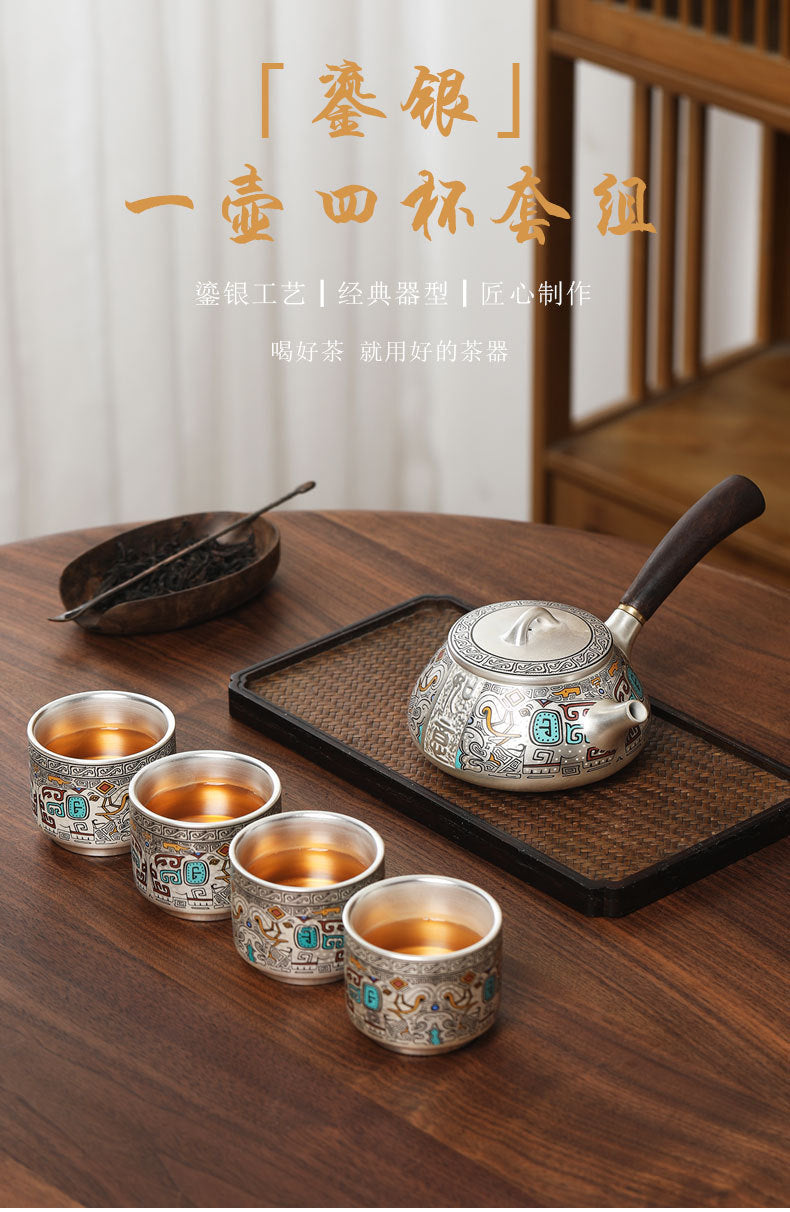 999 sterling silver one pot four cups ceramic gold and silver staggered kung fu tea set