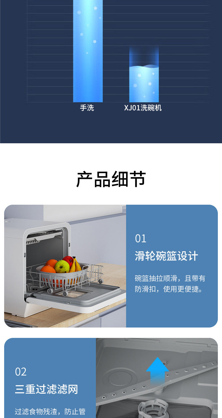 Lave-vaisselle domestique, entièrement automatique, à poser sur le comptoir et aucune installation nécessaire, taille mini, stérilisation UV, rangement intégré et intelligent, capacité pour 4 couverts.