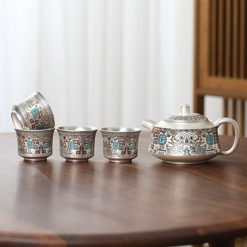 999 sterling silver one pot four cups ceramic gold and silver staggered kung fu tea set