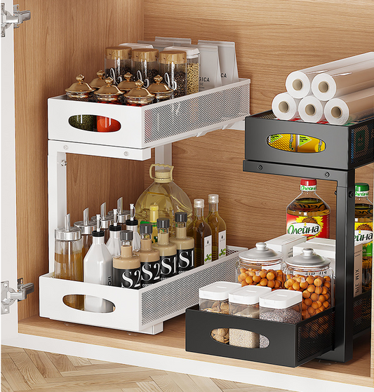 Étagère de rangement coulissante sous l'évier, à deux niveaux et réglable, parfaite pour les fournitures de cuisine. 