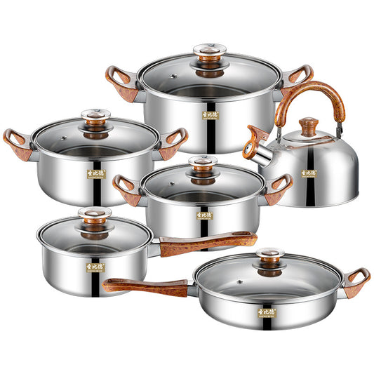 Ensemble de batterie de cuisine en acier inoxydable de 12 pièces, avec poignées en grain de bois, amovibles, y compris bouilloire, ustensiles de cuisine. 