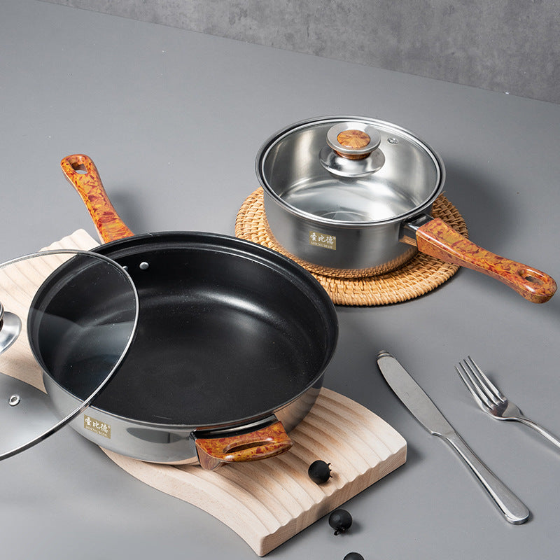Ensemble de batterie de cuisine en acier inoxydable de 12 pièces, avec poignées en grain de bois, amovibles, y compris bouilloire, ustensiles de cuisine. 