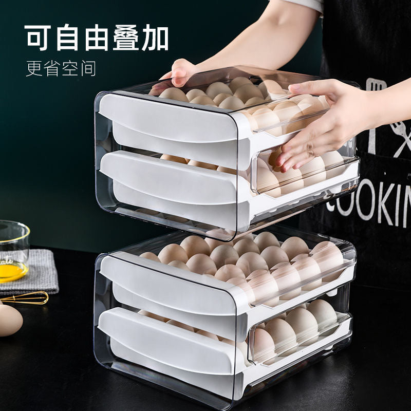 Boîte de rangement pour œufs, rangement pour réfrigérateur, style tiroir, gadget de cuisine en plastique, en boîte, récipient de conservation de la fraîcheur à double couche. 
