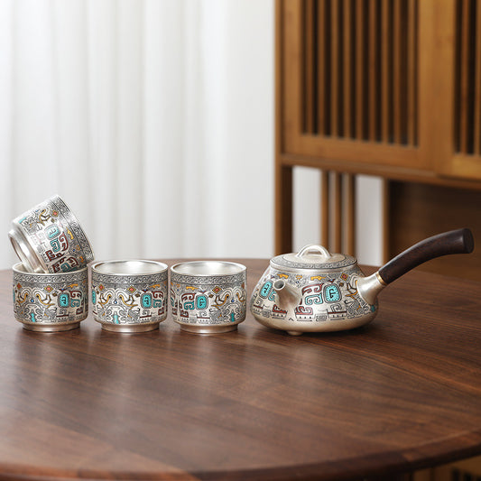 999 sterling silver one pot four cups ceramic gold and silver staggered kung fu tea set